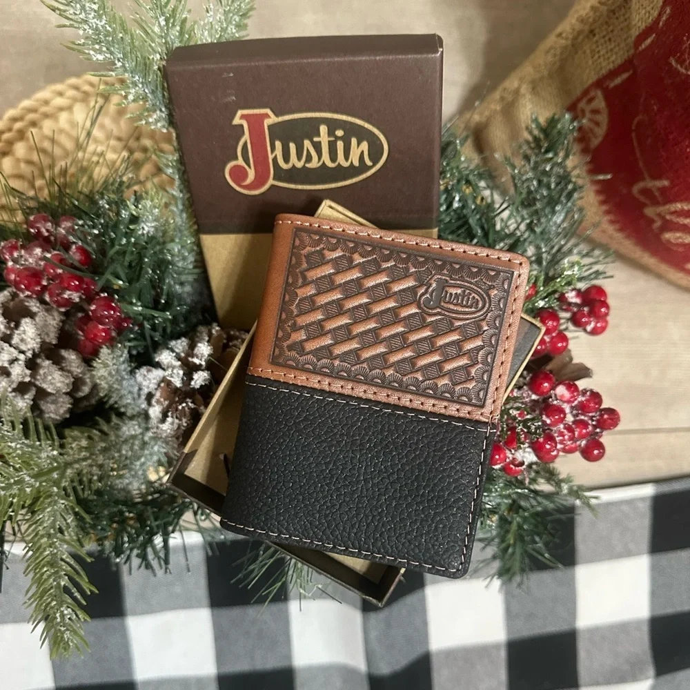 New Justin Boots Mens Leather Wallet Bi Fold Basketweave Card Wallet Brown Black